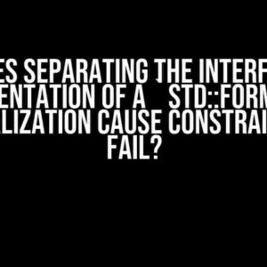 Why does separating the interface and implementation of a `std::formatter` specialization cause constraints to fail?